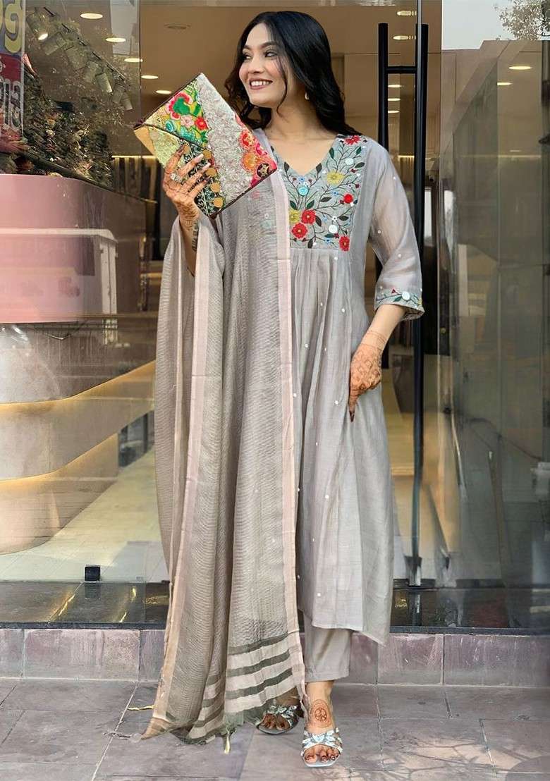 Grey Embroidered Poly Blended Kurta Sets - Indya