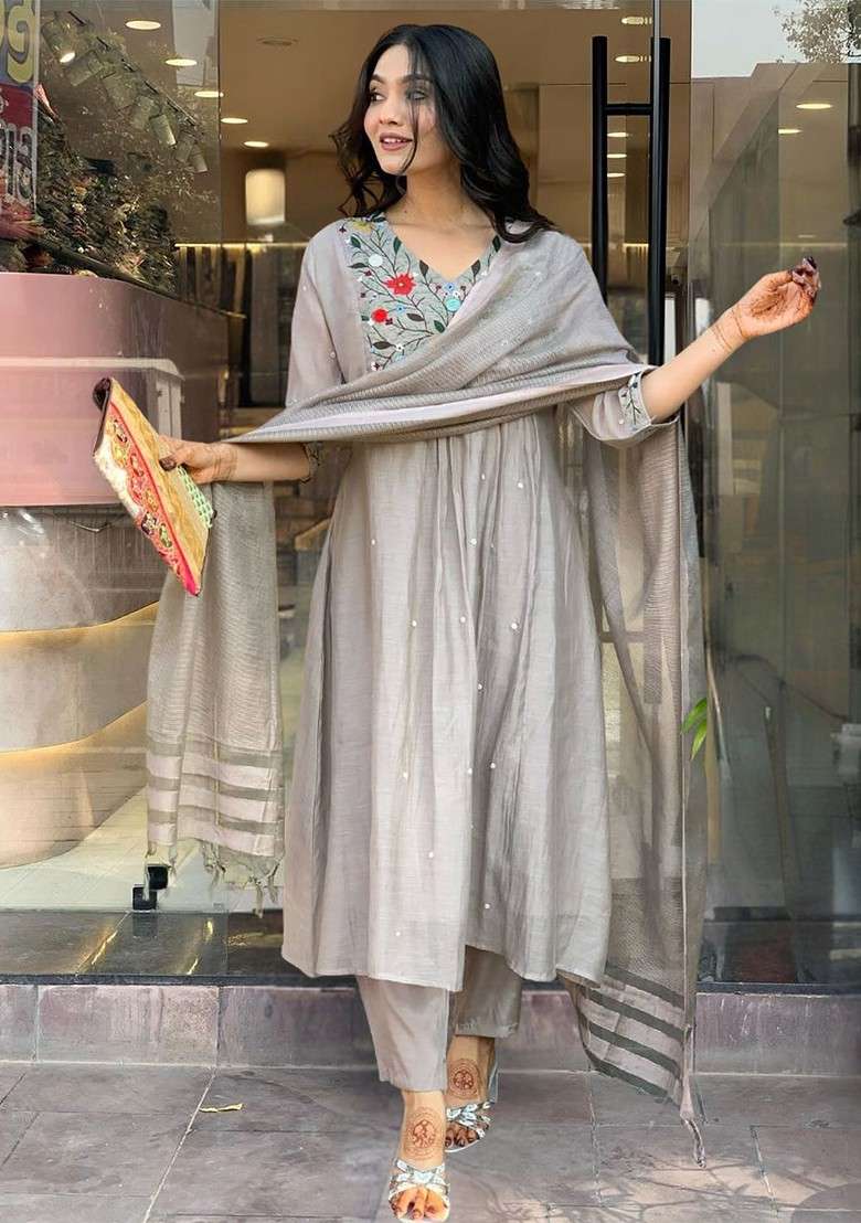 Grey Embroidered Poly Blended Kurta Sets - Indya
