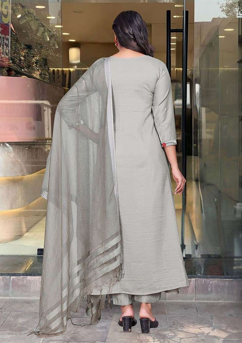Grey Embroidered Poly Blended Kurta Sets - Indya