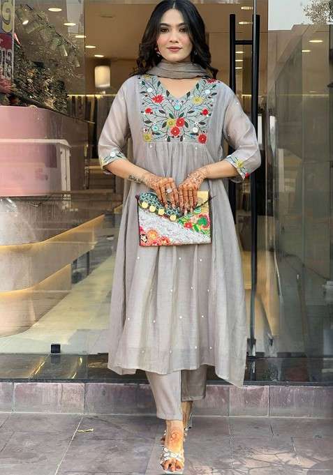 Grey Embroidered Poly Blended Kurta Sets