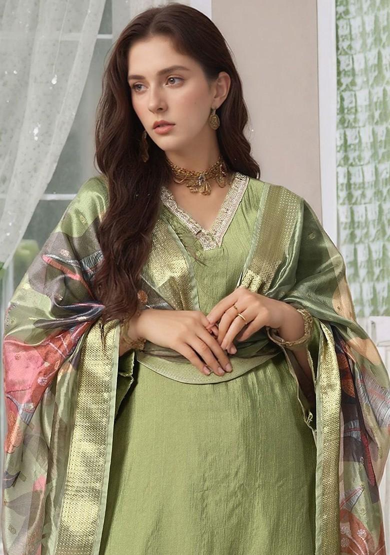Olive Embroidered Poly Blended Kurta Sets - Indya