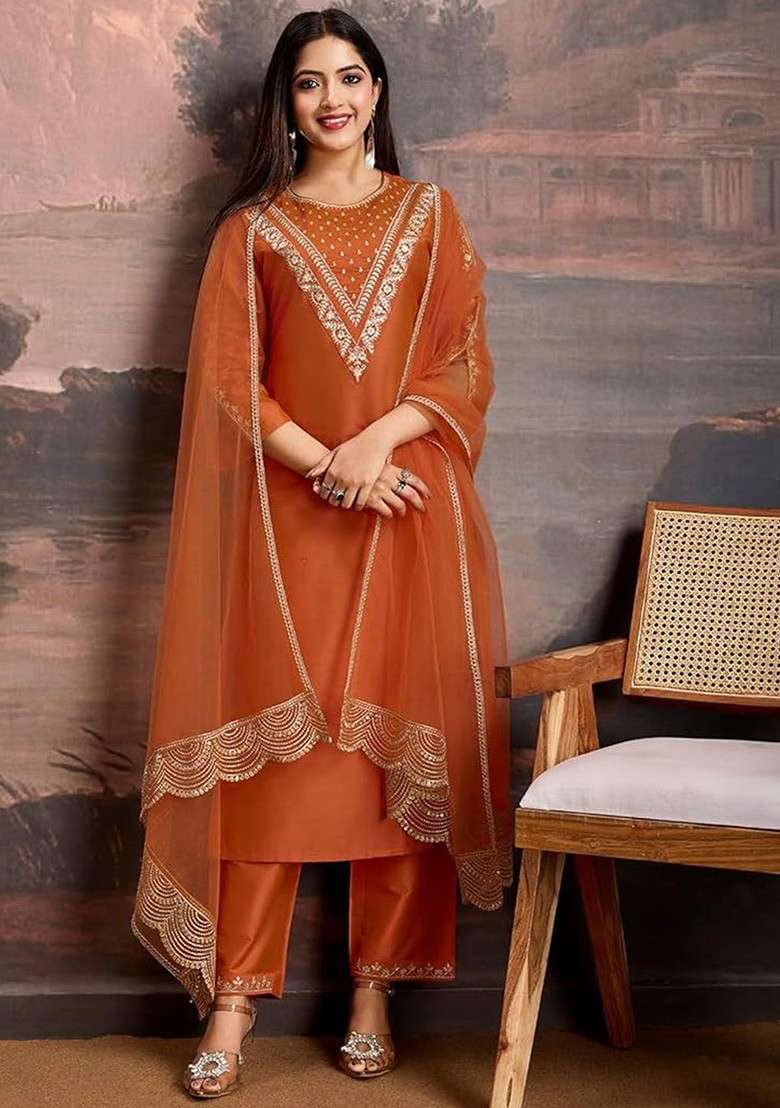 Rust Embroidered Poly Blended Kurta Sets - Indya