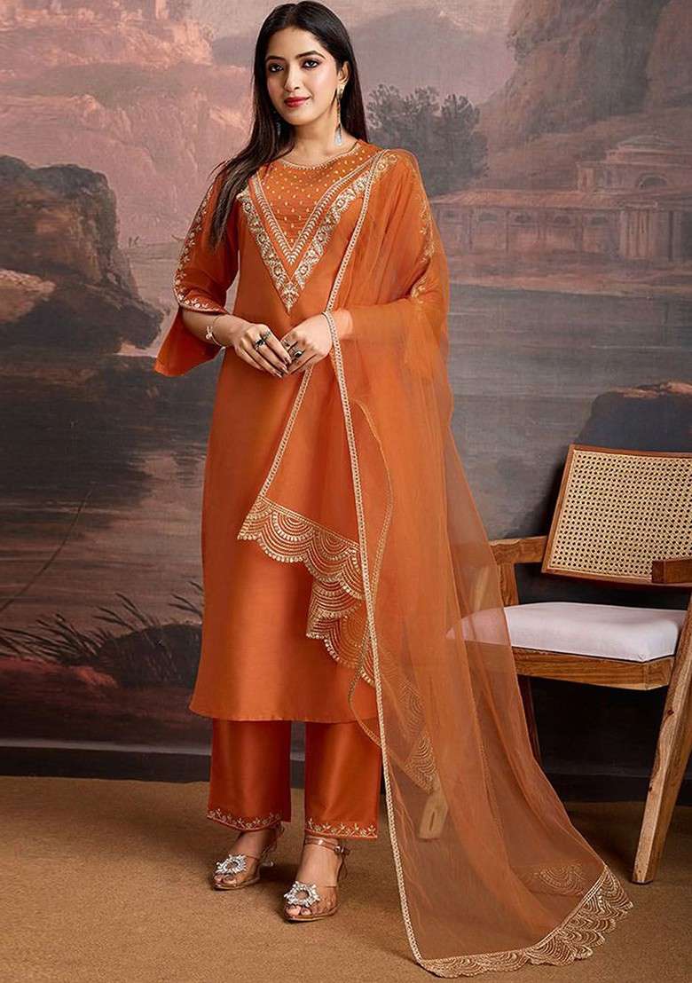 Rust Embroidered Poly Blended Kurta Sets - Indya