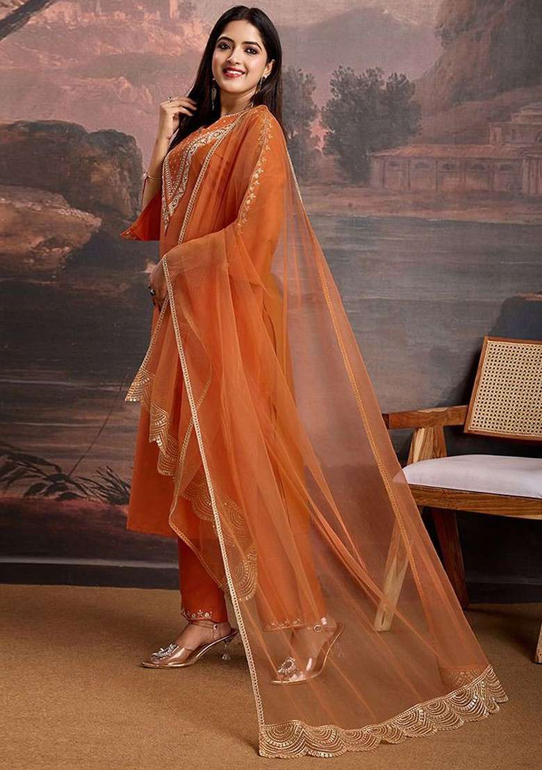 Rust Embroidered Poly Blended Kurta Sets - Indya