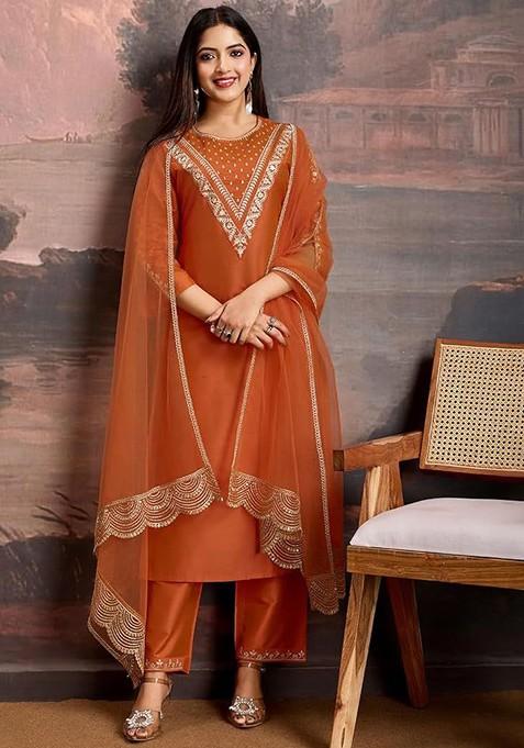 Rust Embroidered Poly Blended Kurta Sets