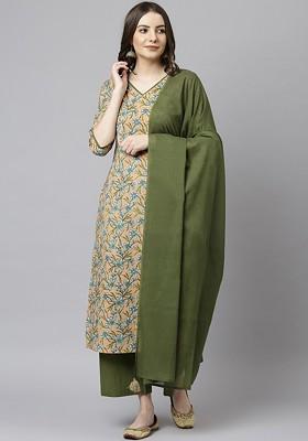 Cream Embroidered Poly Blended Kurta Sets