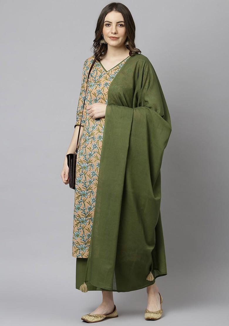 Cream Embroidered Poly Blended Kurta Sets - Indya