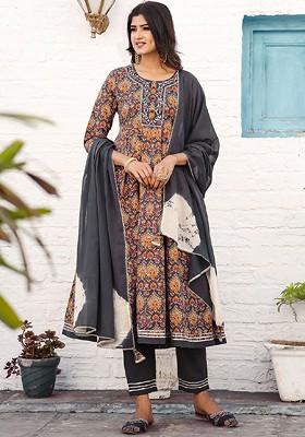 Olive Embroidered Poly Blended Kurta Sets