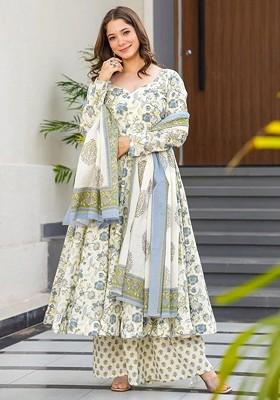 Off White Embroidered Poly Blended Kurta Sets