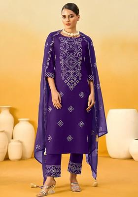 Violet Embroidered Poly Blended Kurta Sets