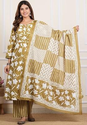 Olive Embroidered Poly Blended Kurta Sets