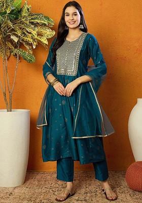 Teal Embroidered Poly Blended Kurta Sets