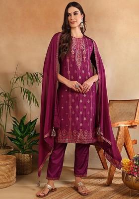Magenta Embroidered Poly Blended Kurta Sets
