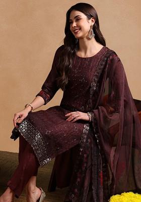 Brown Embroidered Poly Blended Kurta Sets