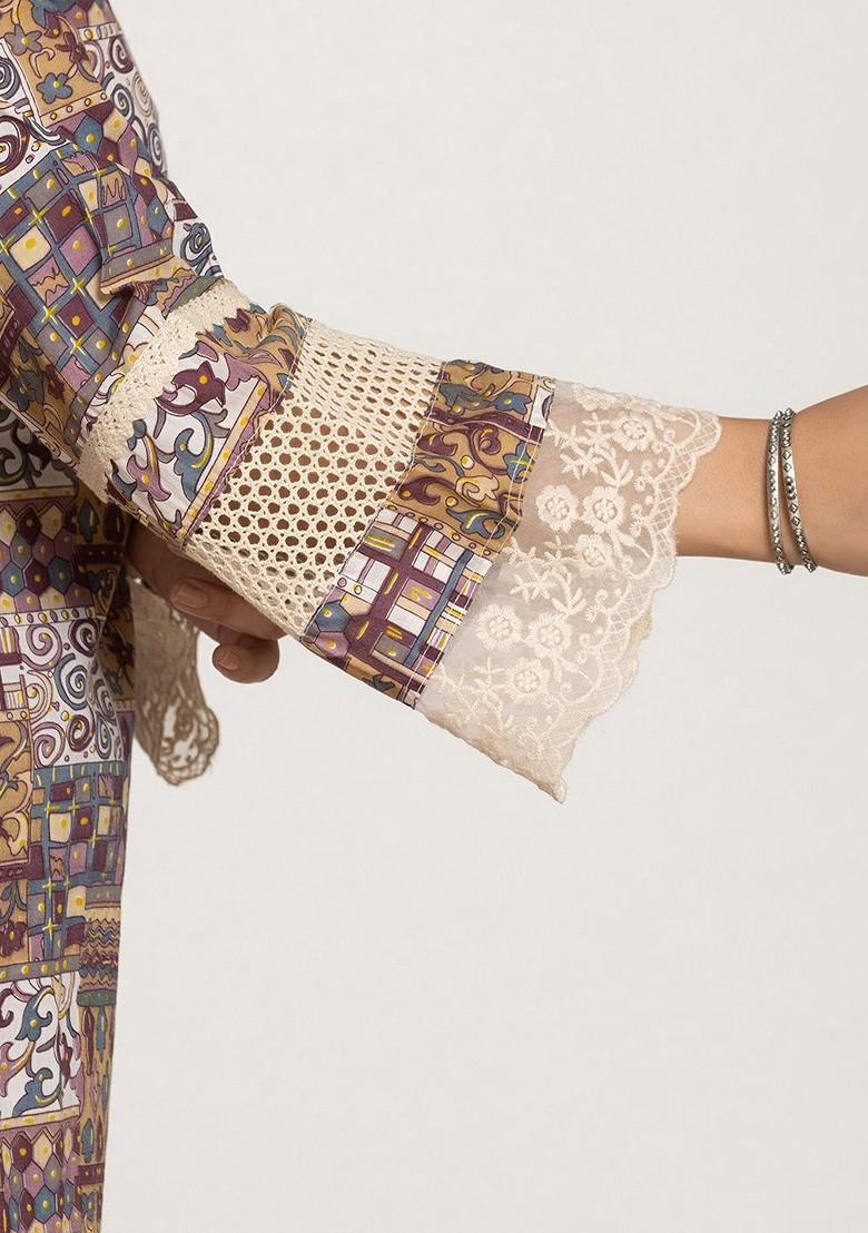 Beige Embroidered Poly Blended Kurta Sets - Indya