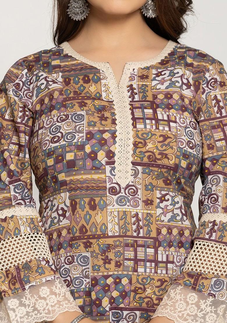 Beige Embroidered Poly Blended Kurta Sets - Indya