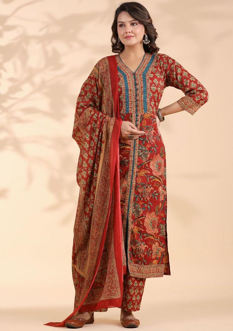 Red Embroidered Poly Blended Kurta Sets