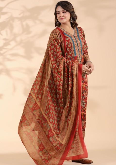 Red Embroidered Poly Blended Kurta Sets