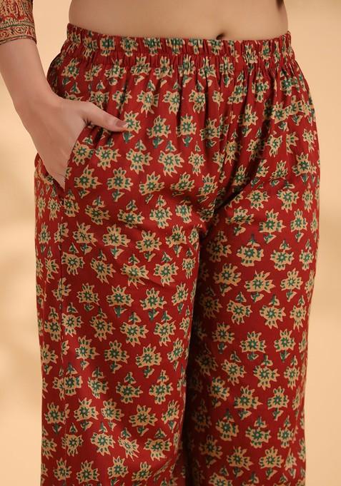 Red Embroidered Poly Blended Kurta Sets