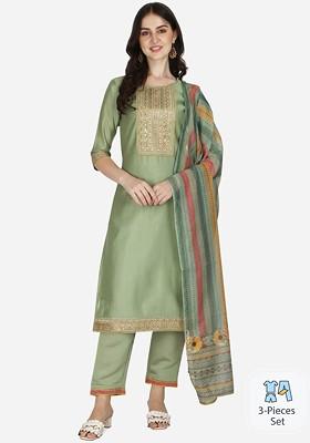 Lime Green Embroidered Poly Blended Kurta Sets