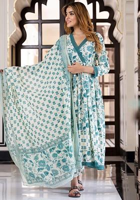 Sea Green Embroidered Poly Blended Kurta Sets
