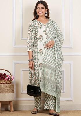 Off White Embroidered Poly Blended Kurta Sets
