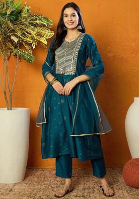 Teal Embroidered Poly Blended Kurta Sets