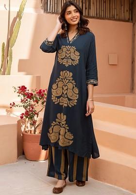 Teal Embroidered Poly Blended Kurta Sets
