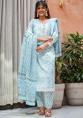 Teal Embroidered Poly Blended Kurta Sets