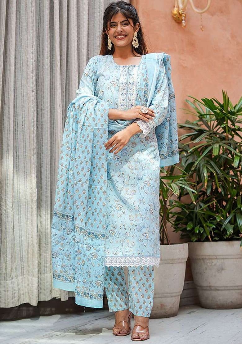 Teal Embroidered Poly Blended Kurta Sets - Indya