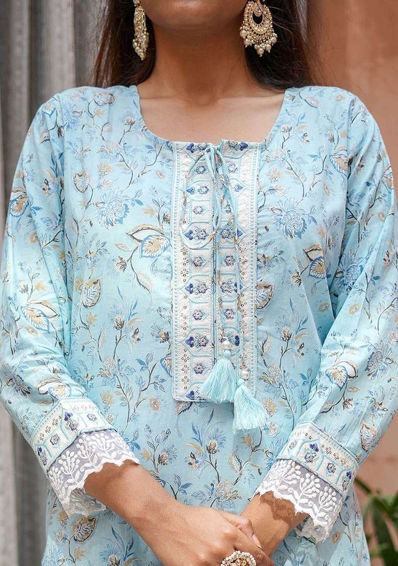 Teal Embroidered Poly Blended Kurta Sets - Indya