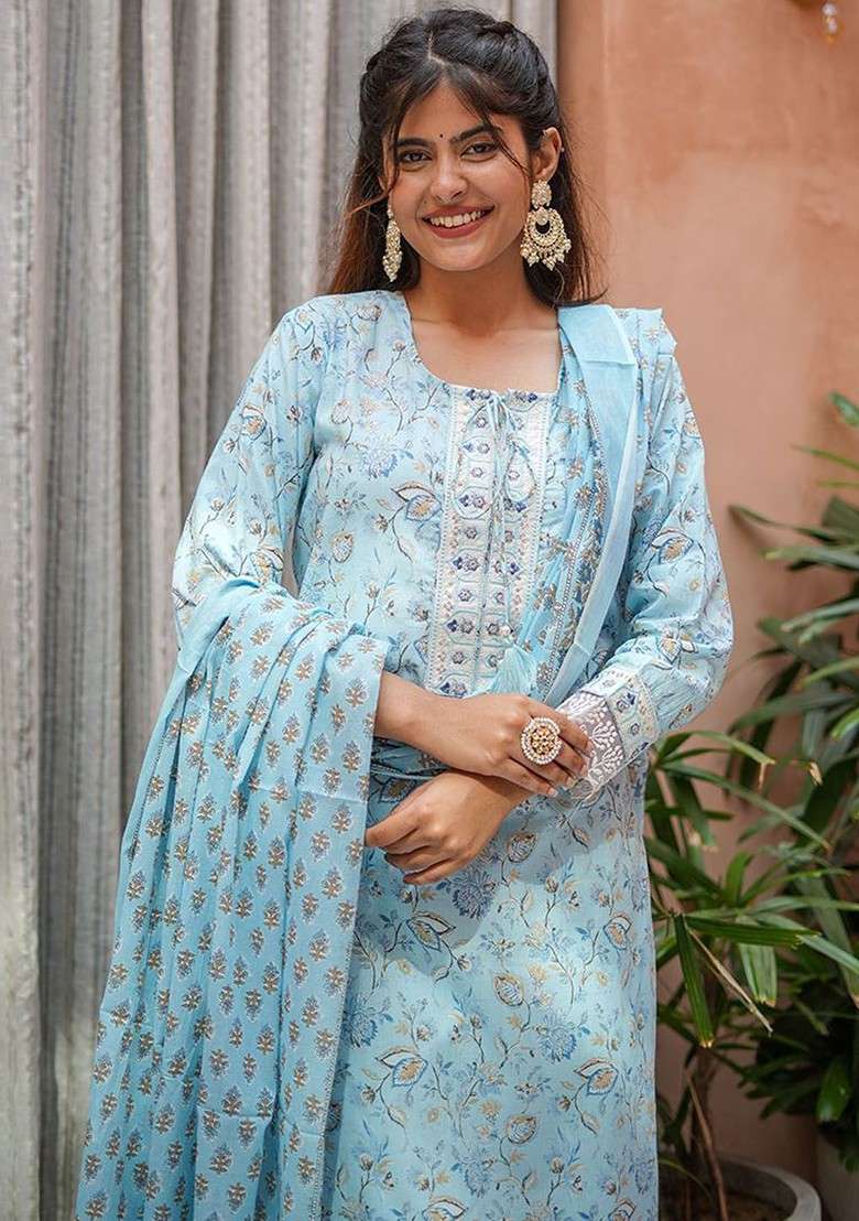 Teal Embroidered Poly Blended Kurta Sets - Indya