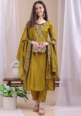 Olive Embroidered Poly Blended Kurta Sets