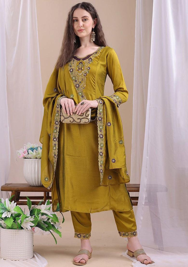 Olive Embroidered Poly Blended Kurta Sets - Indya