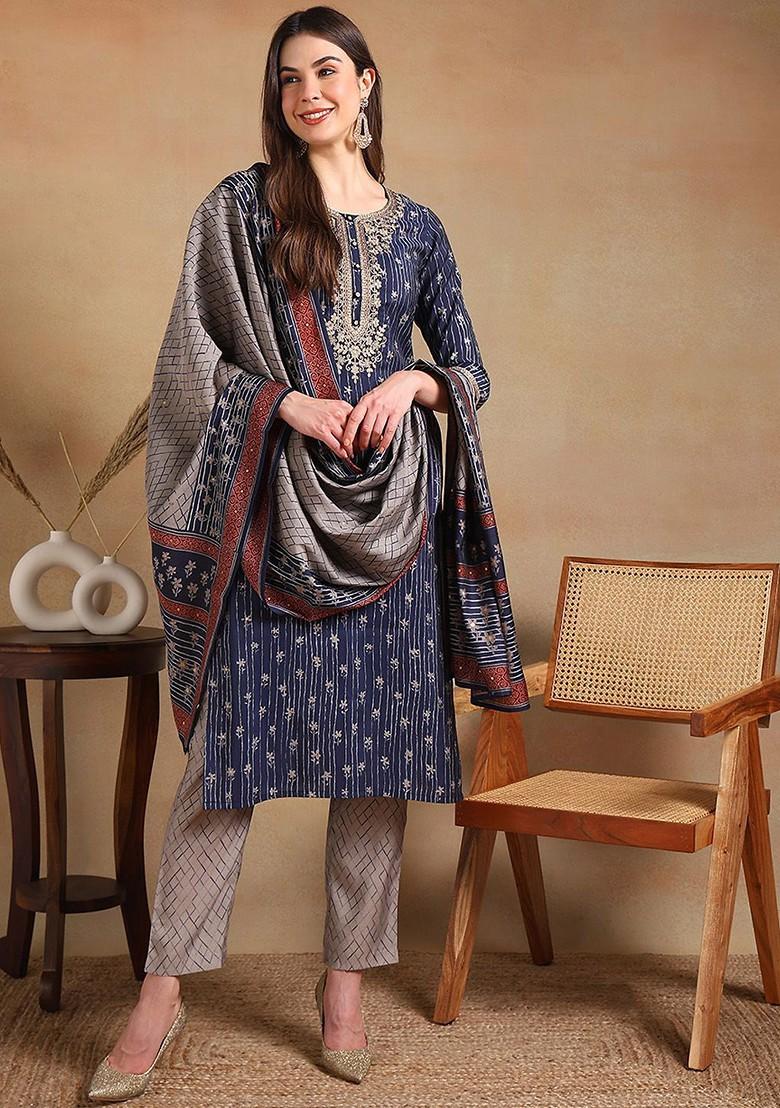 Navy Blue Embroidered Poly Blended Kurta Sets