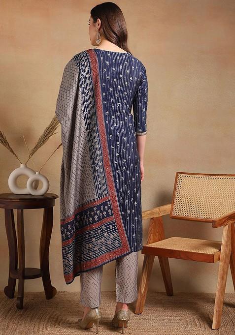 Navy Blue Embroidered Poly Blended Kurta Sets
