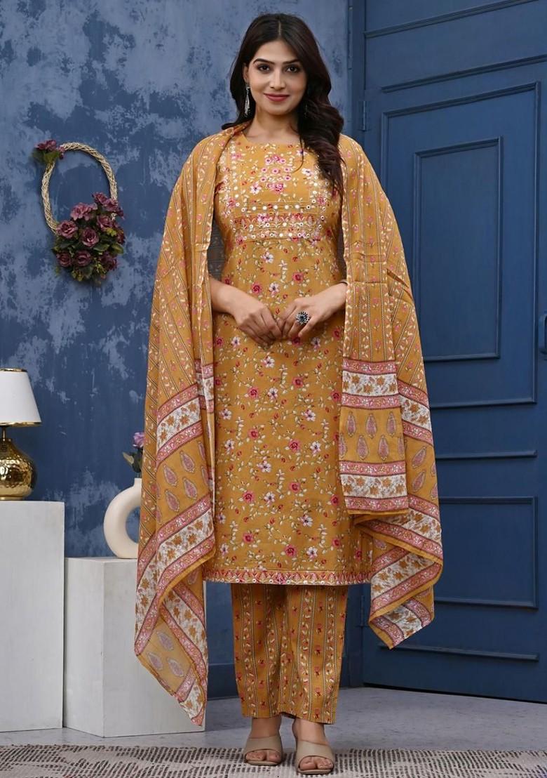 Mustard Embroidered Poly Blended Kurta Sets - Indya