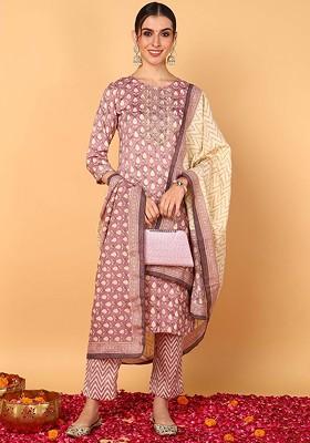 Mauve Embroidered Poly Blended Kurta Sets