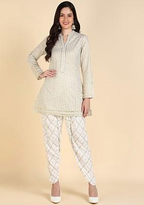 Off White Embroidered Poly Blended Kurta Sets