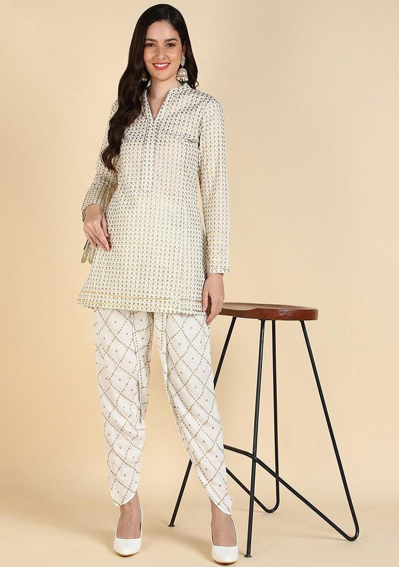 Off White Embroidered Poly Blended Kurta Sets - Indya