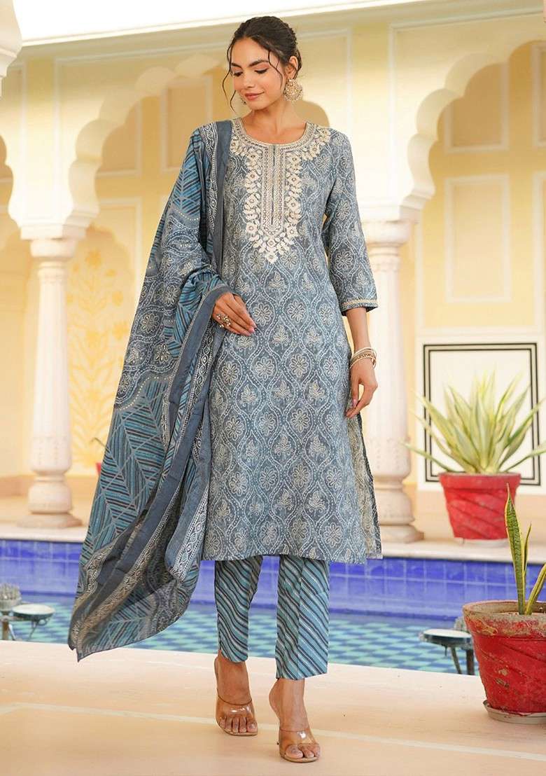 Grey Embroidered Poly Blended Kurta Sets - Indya