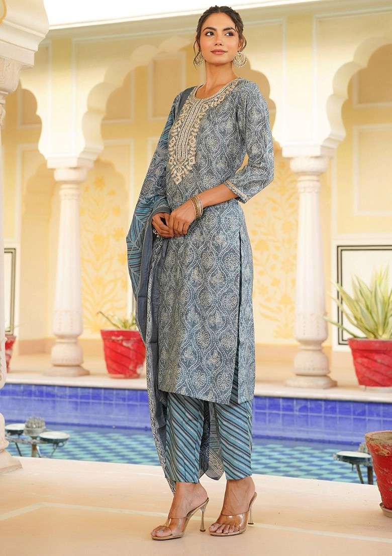 Grey Embroidered Poly Blended Kurta Sets - Indya