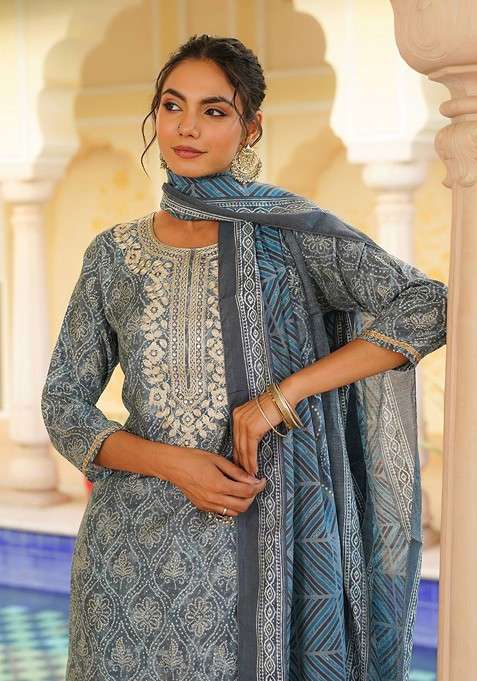 Grey Embroidered Poly Blended Kurta Sets