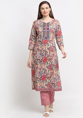 Beige Embroidered Poly Blended Kurta Sets