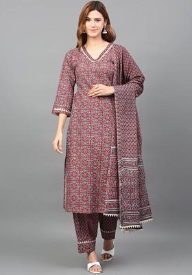 Coffee Brown Embroidered Poly Blended Kurta Sets