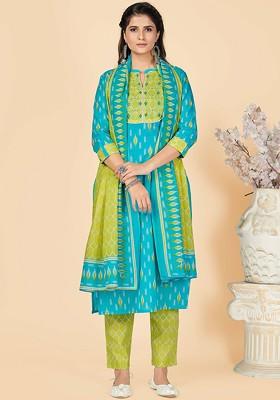 Turquoise Blue Embroidered Poly Blended Kurta Sets