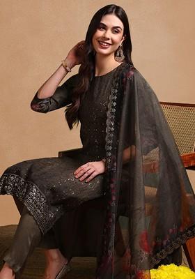 Olive Embroidered Poly Blended Kurta Sets