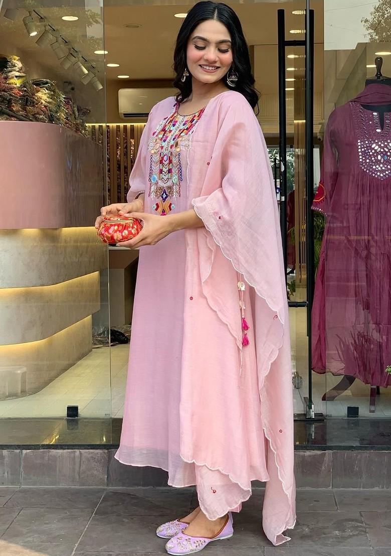 Peach Embroidered Poly Blended Kurta Sets