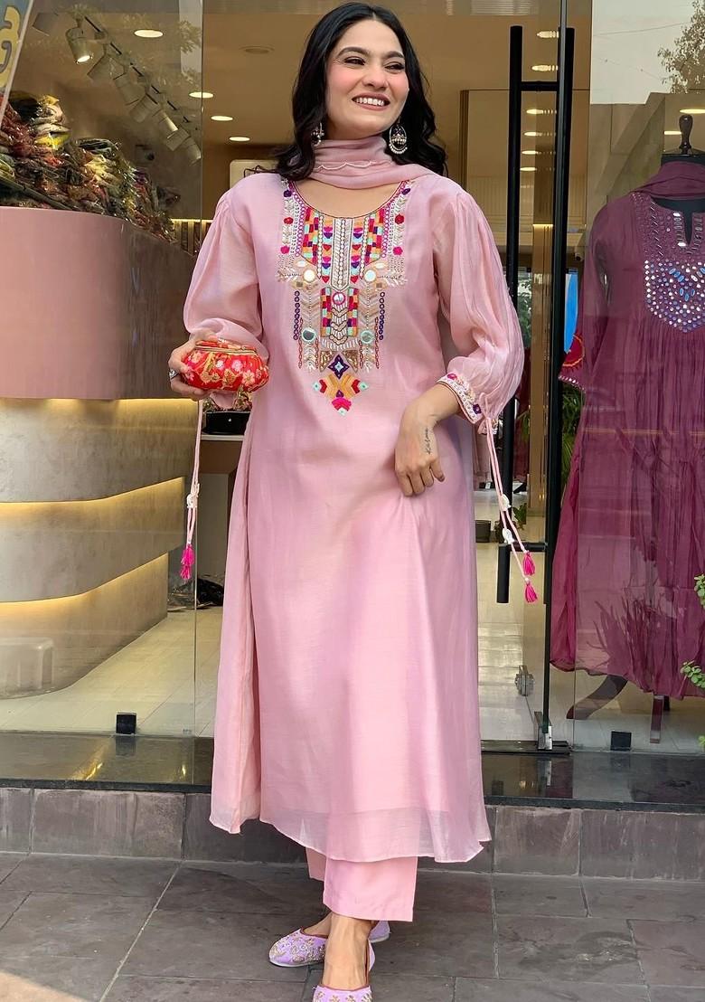 Peach Embroidered Poly Blended Kurta Sets