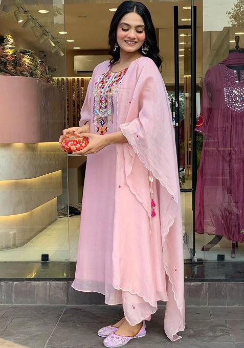 Peach Embroidered Poly Blended Kurta Sets